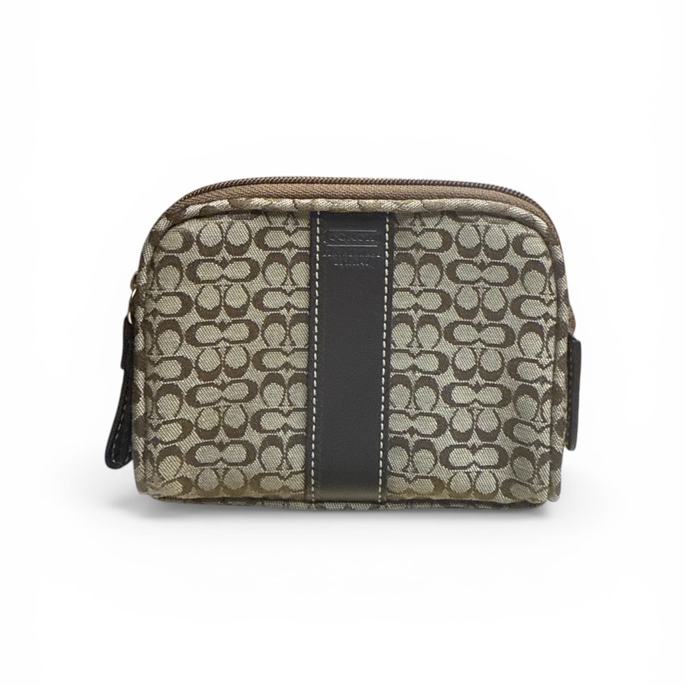 Coach Brown Signature Canvas Cosmetic Pouch with Dark Brown Trim